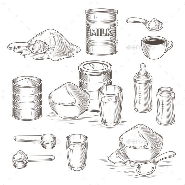 Set of Cartoon Illustration of Milk Powder - Food Objects