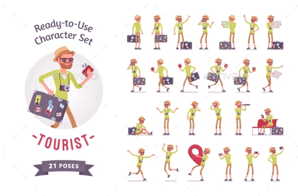 Tourist Man with Luggage Character Set - Travel Conceptual