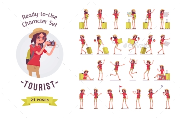 Tourist Woman with Luggage Character Set - Travel Conceptual