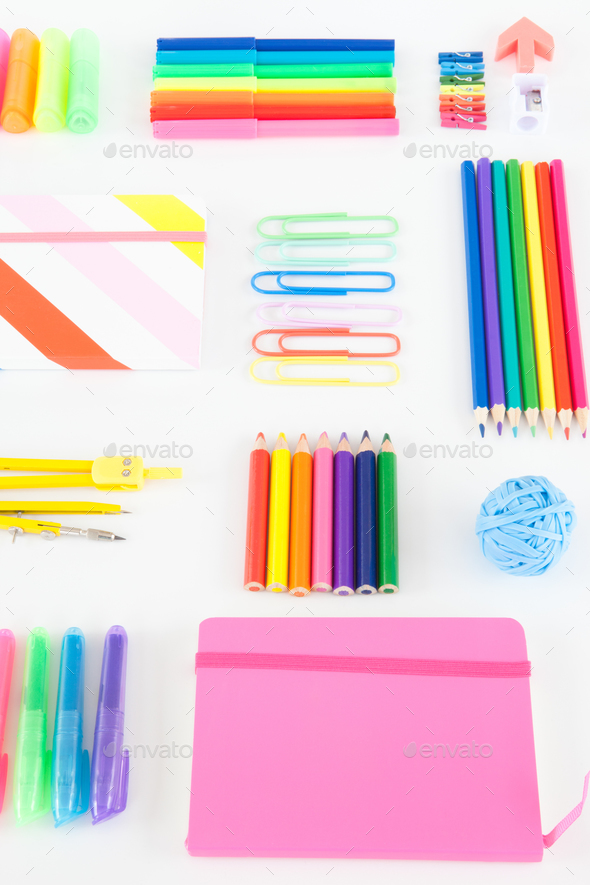 bright colored office supplies