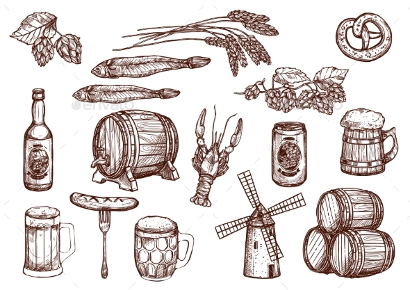 Vector Sketch Icons of Beer Snacks and Brewery - Food Objects