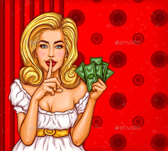 Vector Pop Art Illustration of a Girl Holding Money