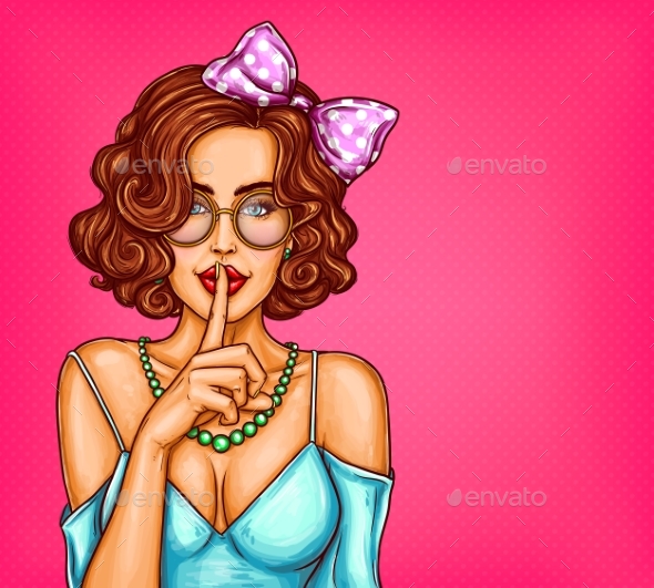 Pop Art Illustration of a Girl Asking For Silence - People Characters