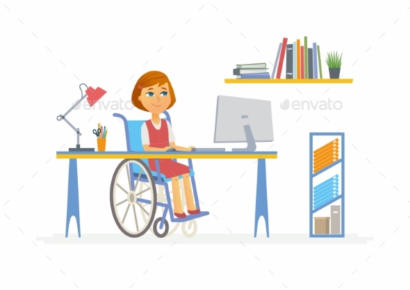 Online Education - Illustration of Disabled School - People Characters