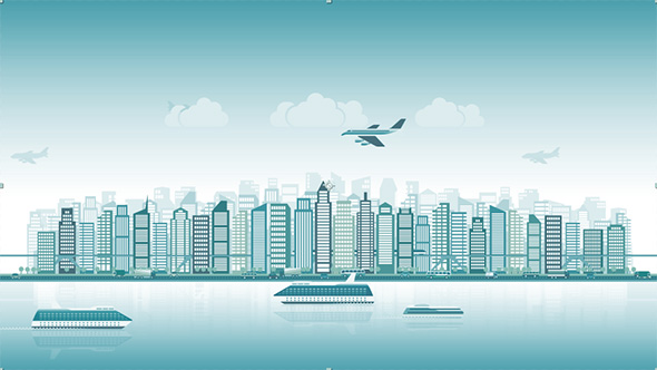 City Skyline with Traffic of Various Vehicles Car Airplane Train Ship