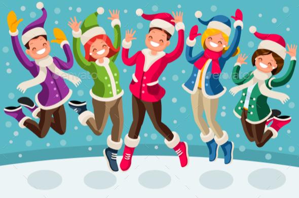 Winter Vector Cartoon Family Jumping - People Characters