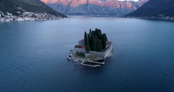 Aerial View of St. George Island and Old Town Perast in Montenegro