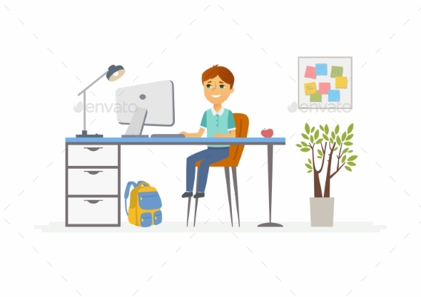 Online Education - Illustration of School Boy - People Characters