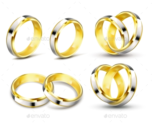 Set of Realistic Vector Illustrations of Gold Rings - Man-made Objects Objects
