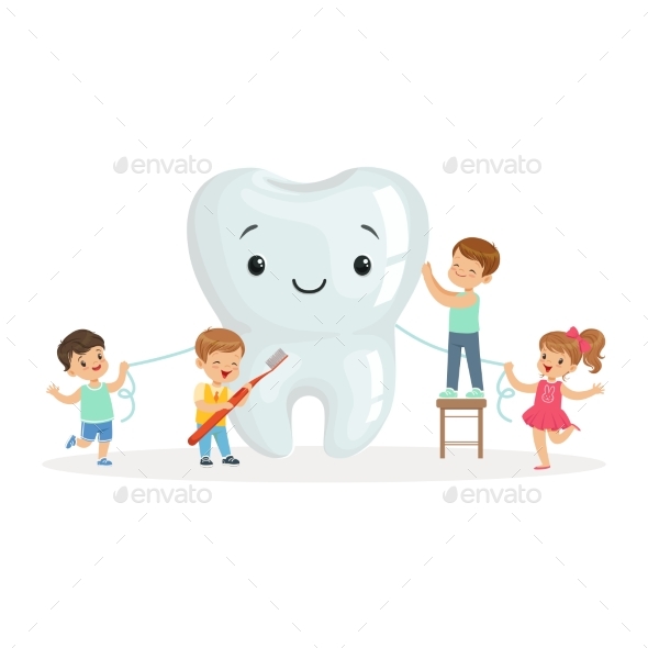 GraphicRiver Happy Kids Cleaning a Big Tooth with a Brush and Floss 20428565 GraphicRiver Happy Kids Cleaning a Big Tooth with a Brush and Floss 20428565