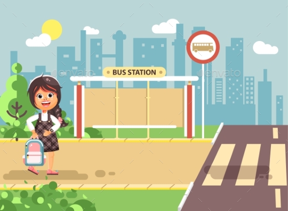 Cartoon Child at Bus Station - People Characters
