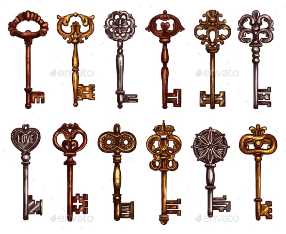 Vector Isolated Icons Sketch of Vintage Keys - Objects Vectors