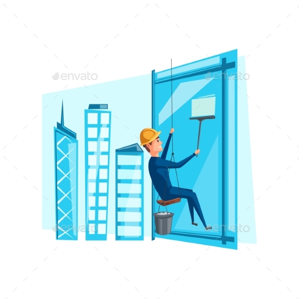 Vector Man Cleaning Washing Windows on Building - People Characters