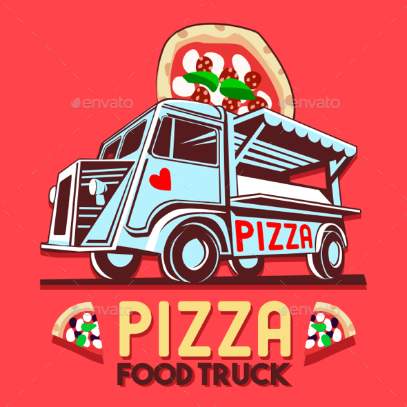 Food Truck Pizza Fast Delivery Service Vector Logo - Food Objects