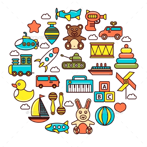 Kid Toys or Children Playthings Vector Icons - Objects Vectors