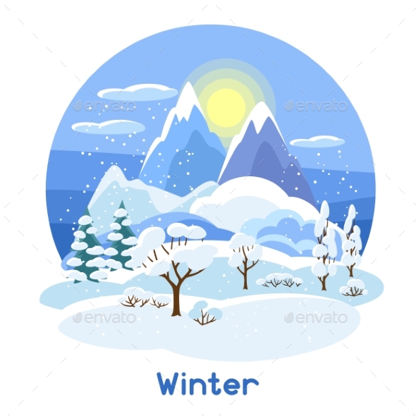 Winter Landscape with Trees, Mountains and Hills - Seasons Nature