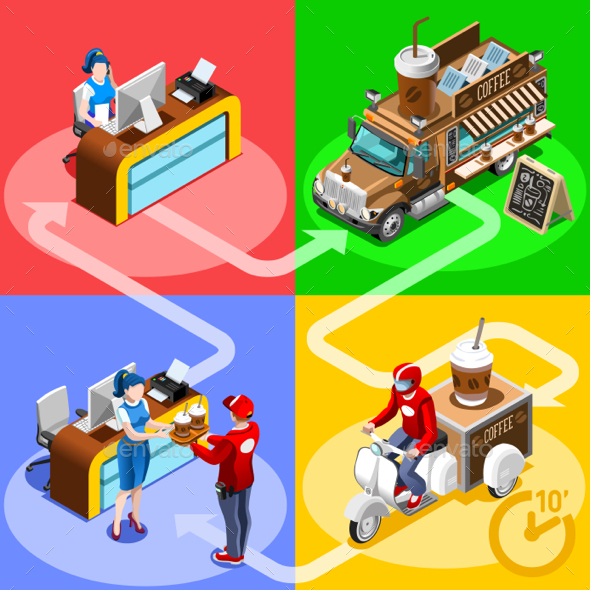 Food Truck Coffee Cafe Home Delivery Vector Isometric People - Vectors
