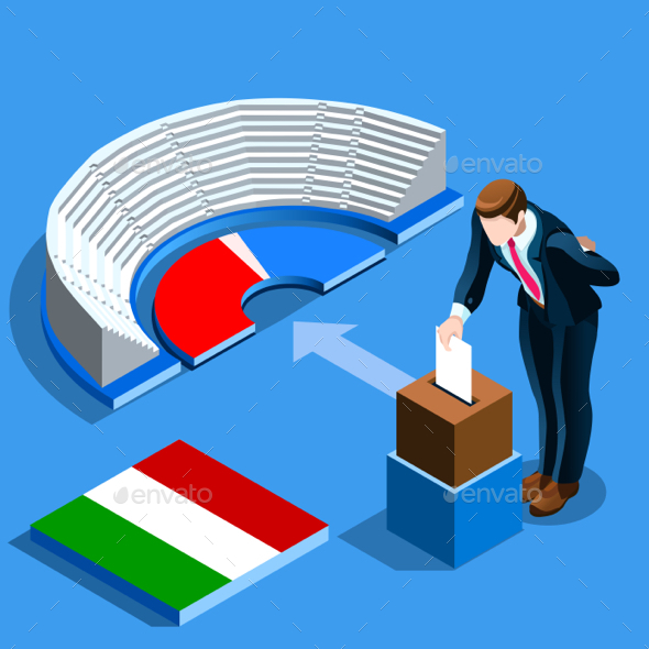 Italy Election Italian People Vote at Isometric Ballot Box - Vectors