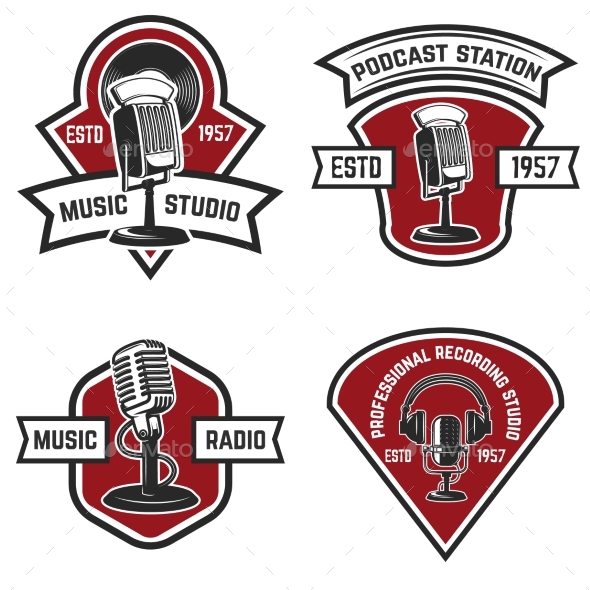 Set of Emblems with Old Style Microphone - Miscellaneous Vectors