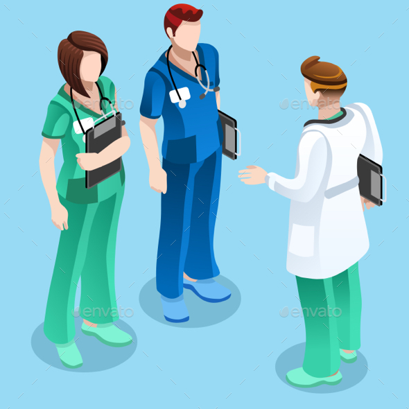 Medical Doctor Talking with Two Nurses Vector Isometric People - Vectors