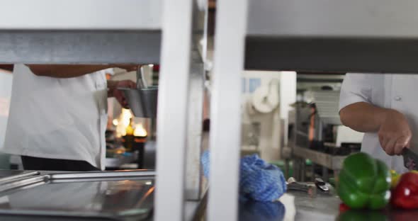 Midsection of diverse group of chefs preparing food in restaurant kitchen alt