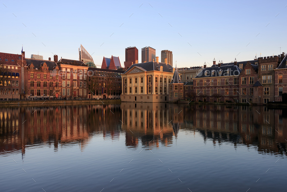 Skyline of the Hague with reflection in the lake