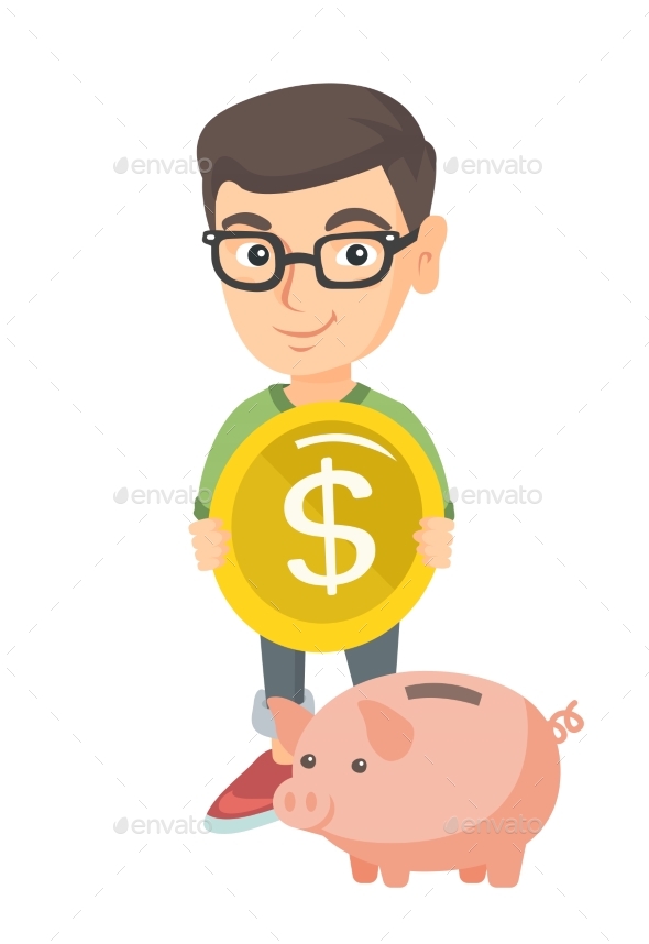 Caucasian Boy Putting a Coin Into a Piggy Bank. - People Characters