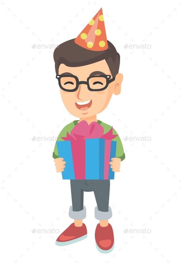 Caucasian Boy in Birthday Cap Holding Gift Box. - People Characters