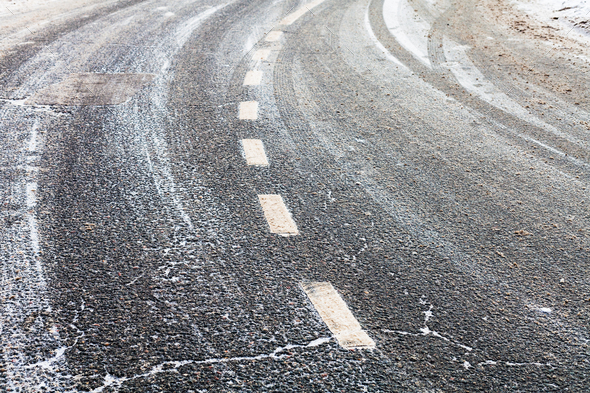 turn on a slippery frozen road in winter Stock Photo by vvoennyy ...