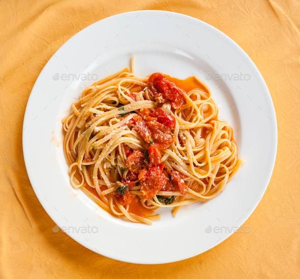 top view of spaghetti with tomato sauce in Sicily