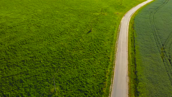 White Car Driving on Asphalt Road Along the Green Fields with a Power Line alt