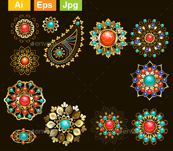 Set of Jewelry Ethnic Brooches - Decorative Vectors