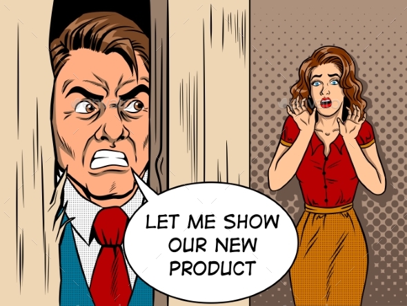 Salesman Breaking Door Comic Book Style Vector - Business Conceptual