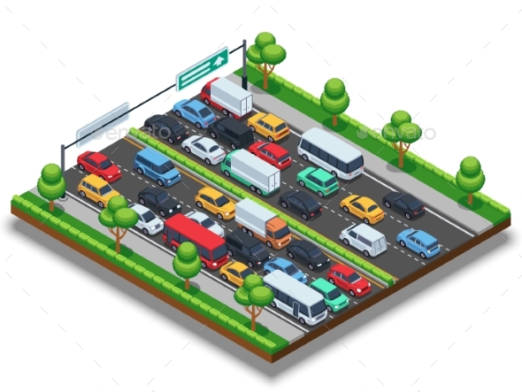 Isometric Highway with Traffic Jam. - Objects Vectors