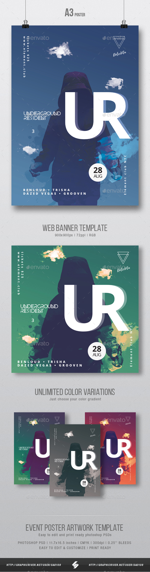 Underground Resident 3 - Progressive Party Flyer / Poster Artwork Template A3 - Clubs & Parties Events