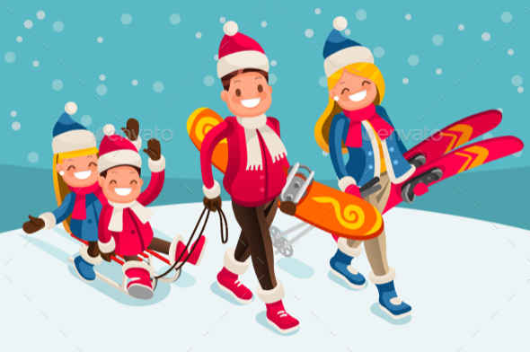 Family Snow Skiing People Isometric Cartoon Character Vector - Vectors
