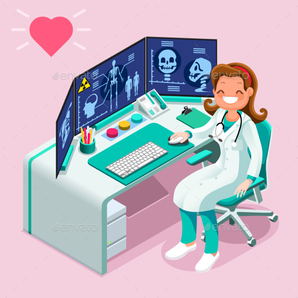 Hospital Computer Healthcare Data Isometric People Cartoon - Vectors