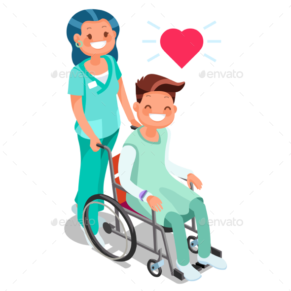 Nurse with Patient in wheelchair Isometric People Cartoon Vector - Vectors