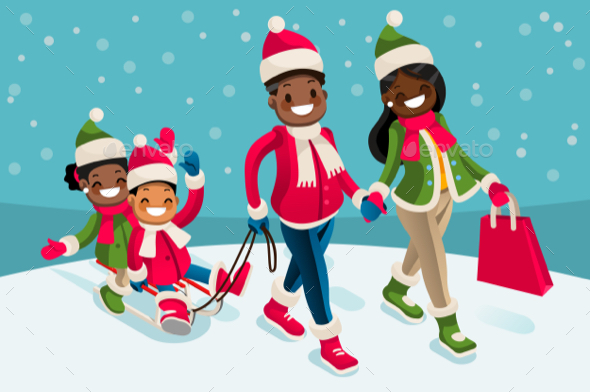 Winter Family Vacations Isometric People Black Cartoon Character - Vectors