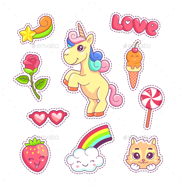 Stickers Set Pop Art Style With Unicorn - Decorative Symbols Decorative