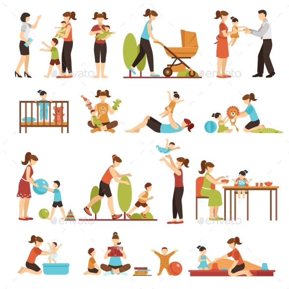 GraphicRiver Babysitter Flat Set Of Decorative Colored Icons 20451597