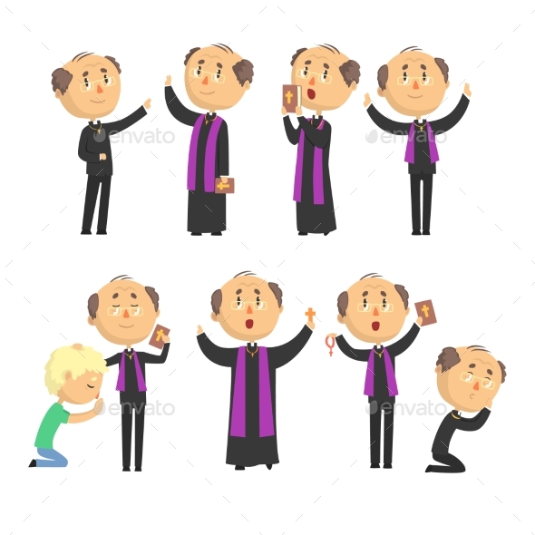 Cartoon Catholic Priest Reading Prayer, Blessing - Religion Conceptual