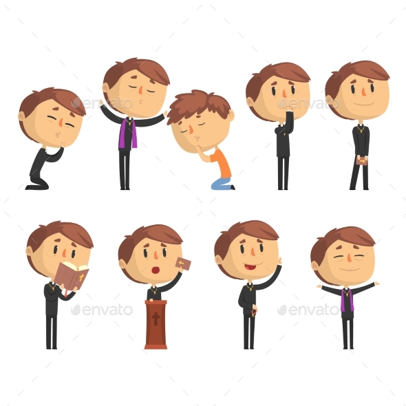 Young Cartoon Catholic Priest Reading Prayer - Religion Conceptual
