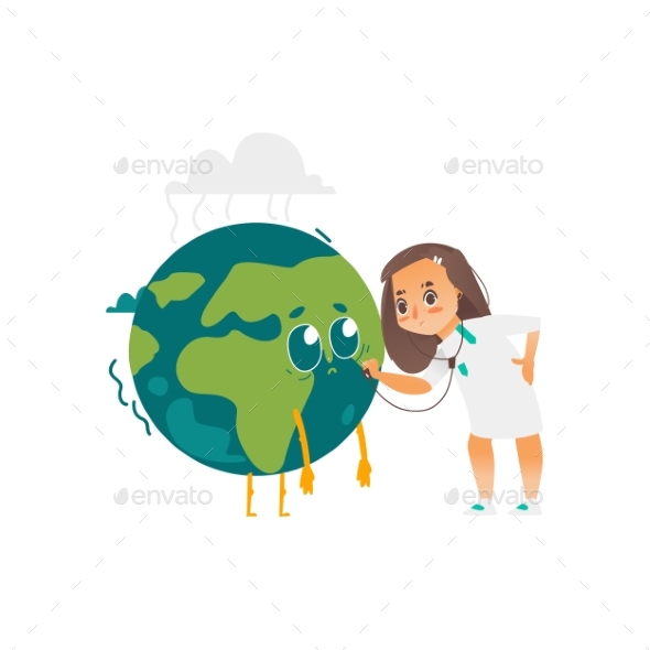 Vector Doctor Girl Listens To Earth Planet Lungs - Miscellaneous Vectors