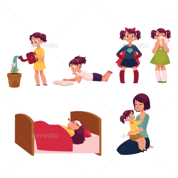 Daily Routine Set, Little Girl Helping Mother - People Characters