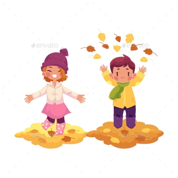 Vector Girl, Boy and Autumn Leaves Isolated - People Characters