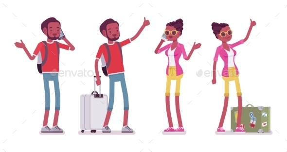 Black Male and Female Tourist Standing, Phone - Travel Conceptual