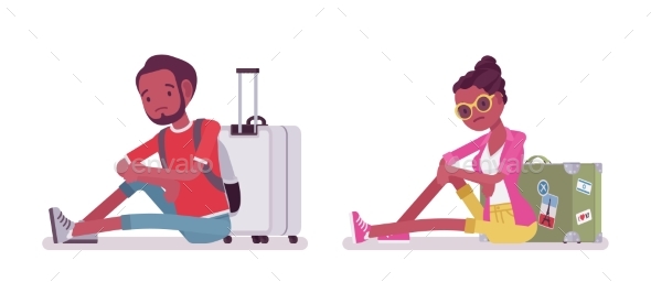 Black Male and Female Tourist Floor Sitting - Travel Conceptual