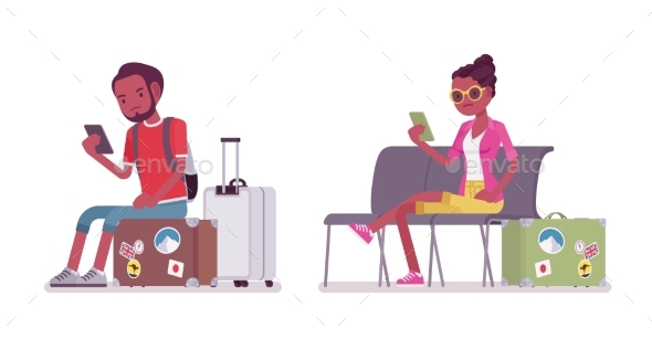 Black Male and Female Tourist Sitting - Travel Conceptual