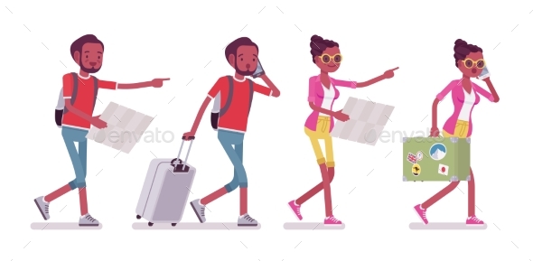 Black Male and Female Tourist Walking with Map - Travel Conceptual